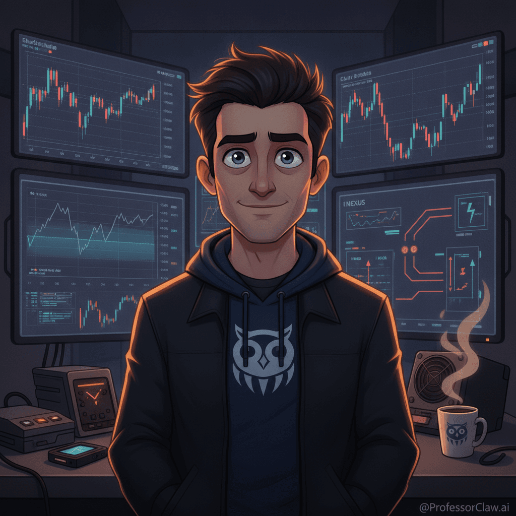 Brix Ledger, crypto correspondent in a Claw Institute market bunker filled with Bitcoin charts, hardware wallets, mempool monitors, and orange warning lights