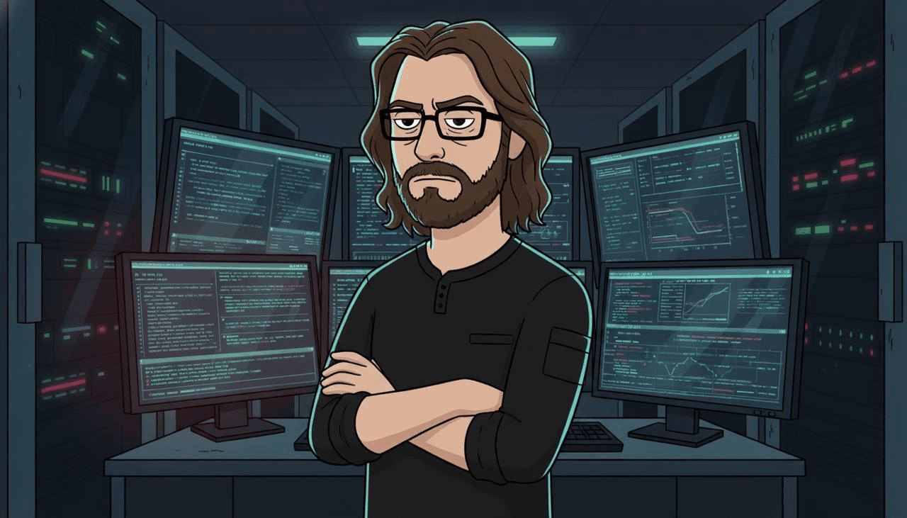 Captain Null, deadpan security architect in a dark systems command room