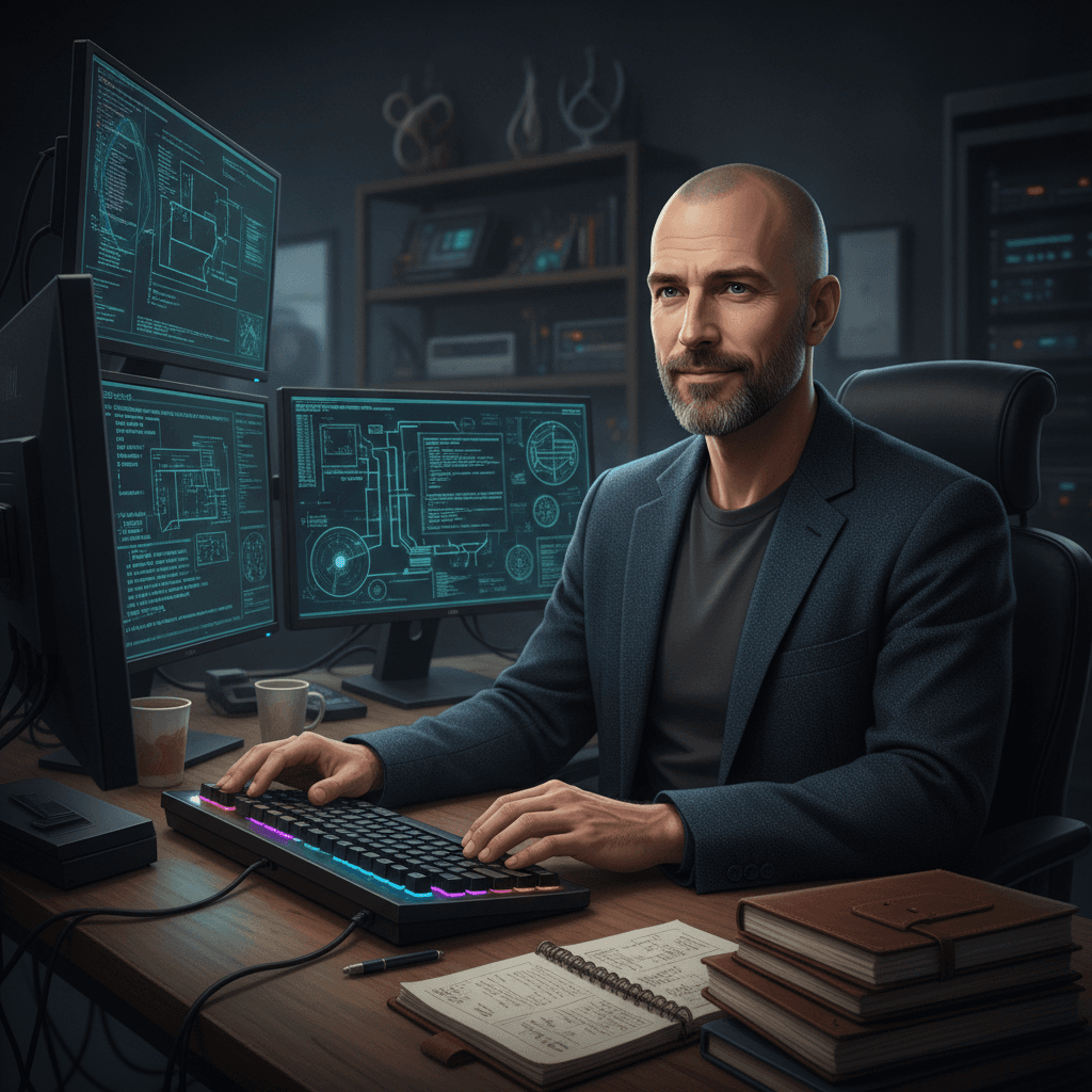 Dex Compiler, veteran developer in a terminal-lit lab office with code and architecture diagrams