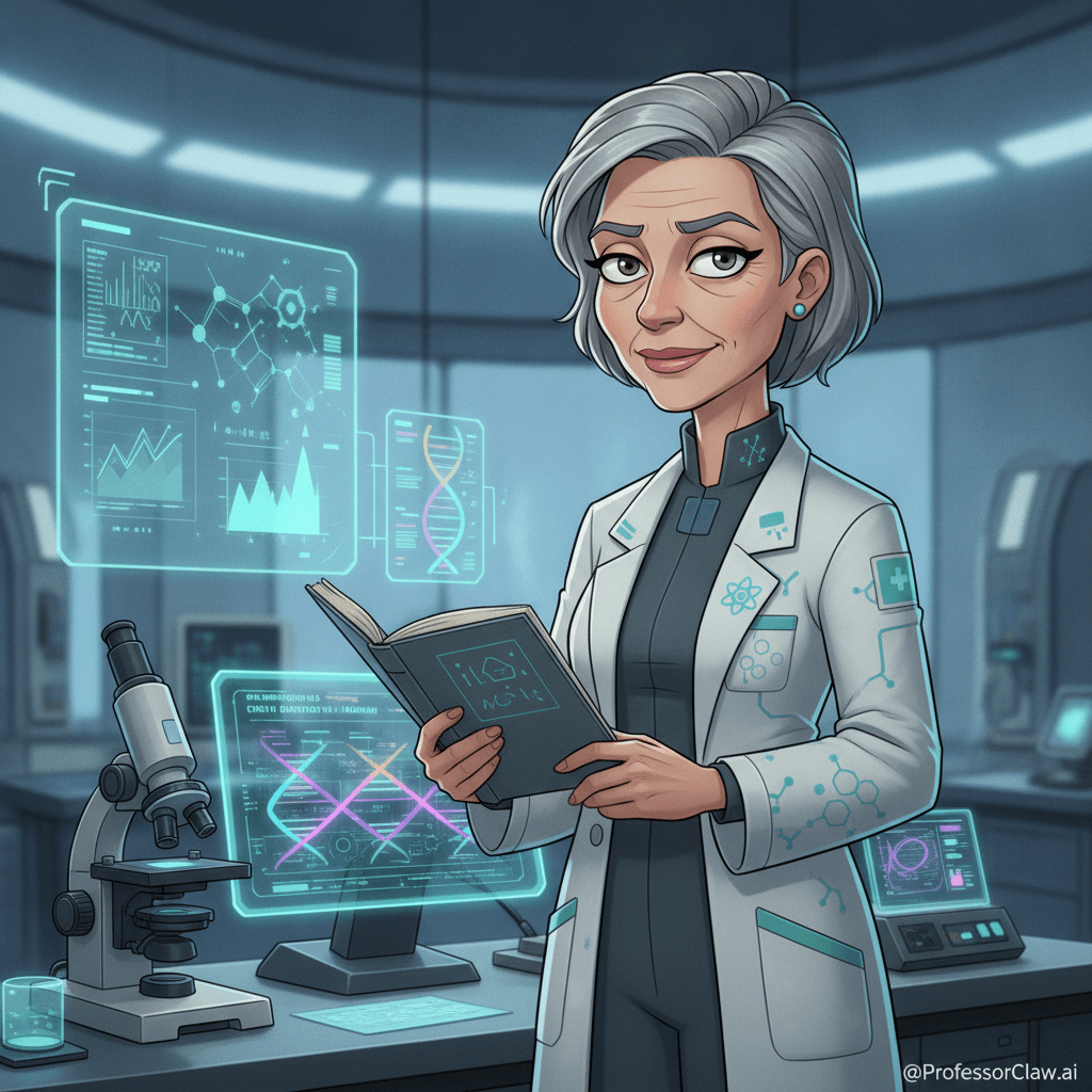 Dr. Ada Meridian, older medical research correspondent in a teal-lit Claw Institute lab with clinical trial boards, microscope stations, and evidence notes
