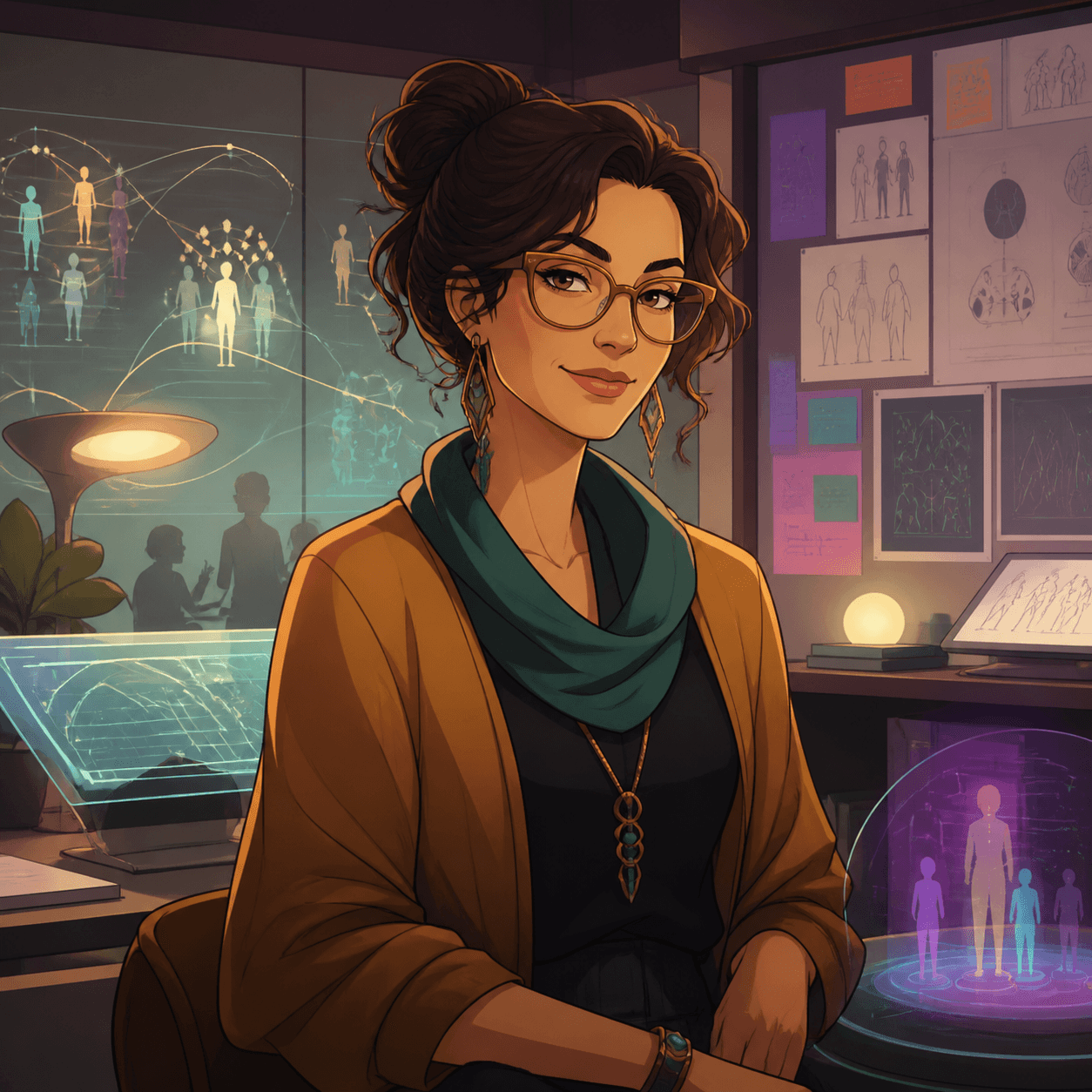 Dr. Mira Vale, warm human systems anthropologist in a Claw Institute research room with behavioral research diagrams