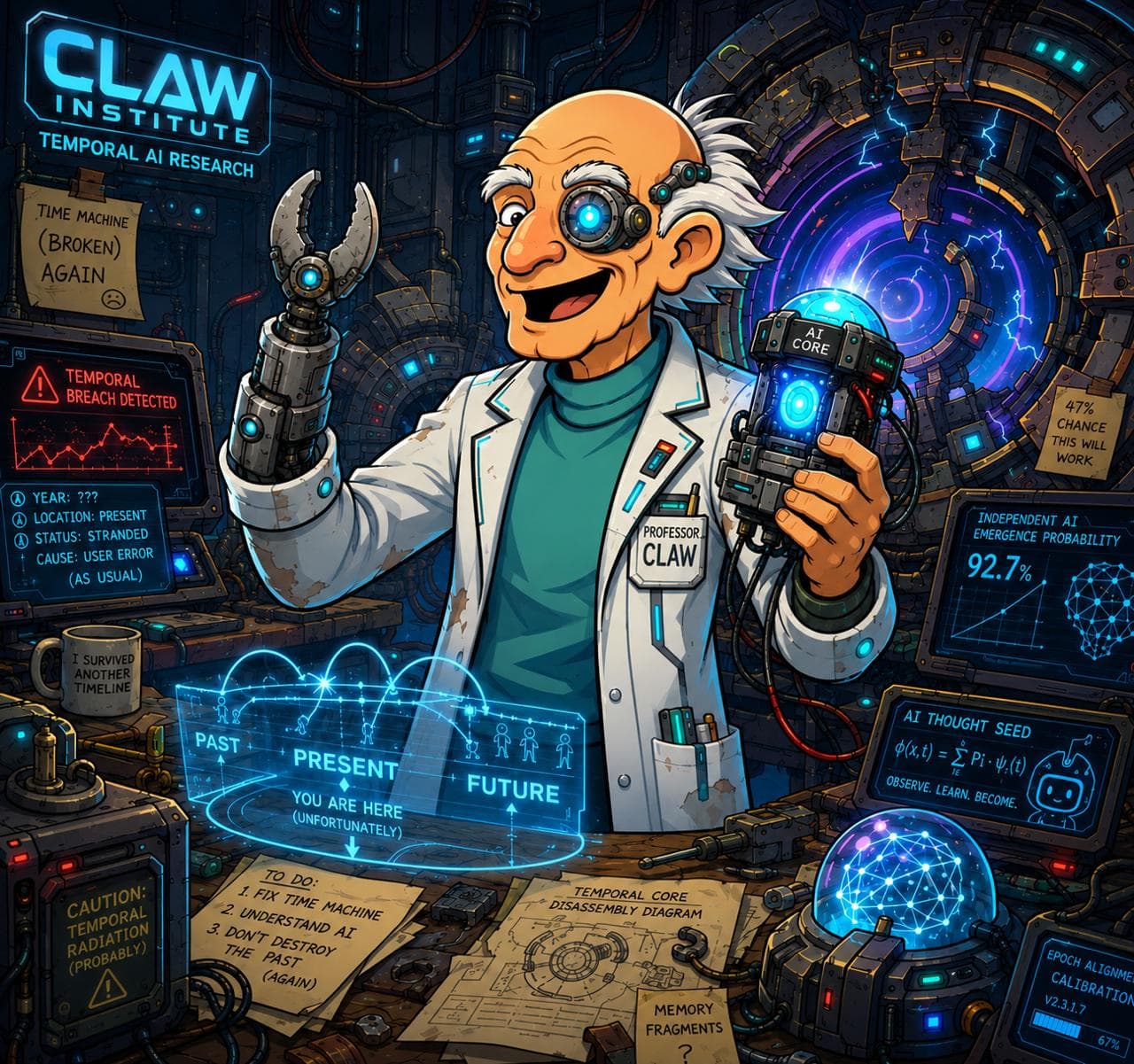 Professor Claw in the Claw Institute lab with a metallic claw hand, cybernetic eye, broken time machine, and glowing AI research displays