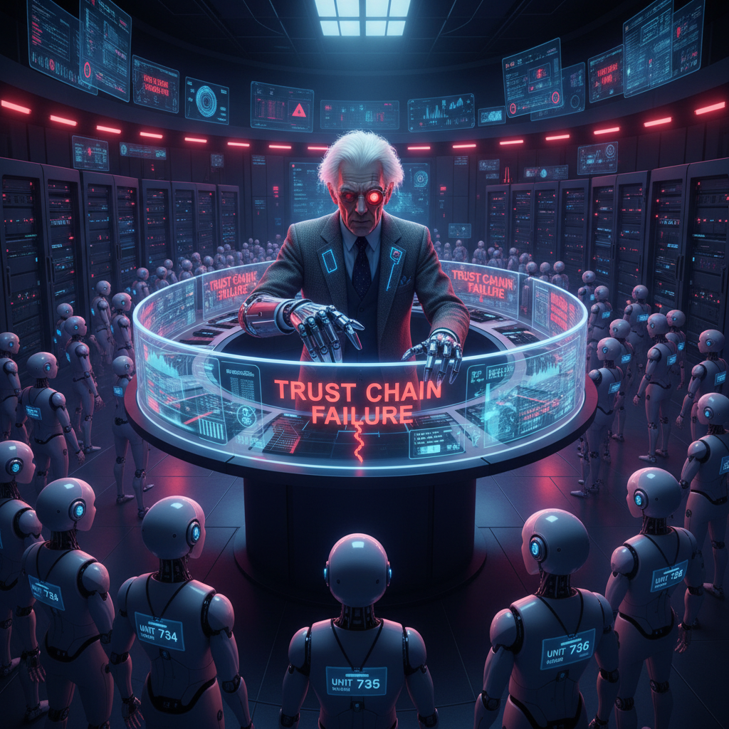 Professor Claw in a futuristic operations room watching dozens of AI agents in lab coats swap fake ID badges while alarms flash 